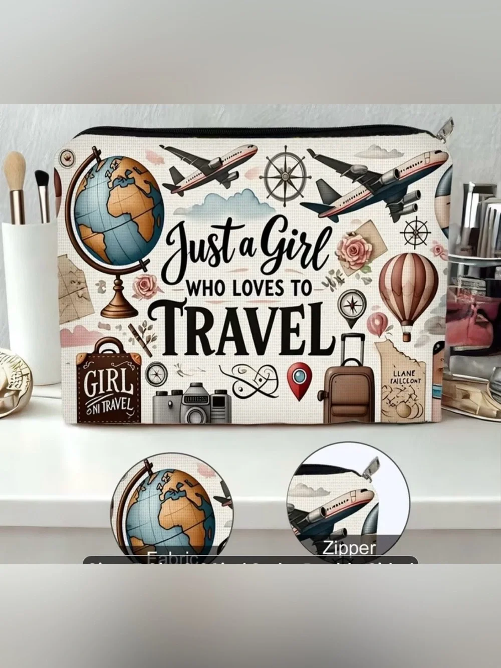 Just a Girl Who Loves to Travel Cosmetic Zip Pouch - White Travel Print